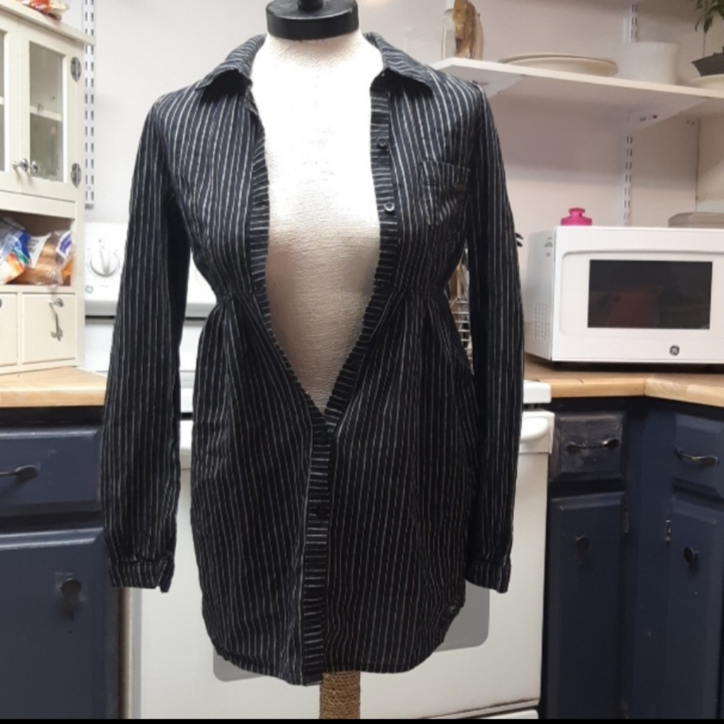 Womens Shirt Black White Stripe Top Billabong Shirt Dress Sz Sm Long Sleeve